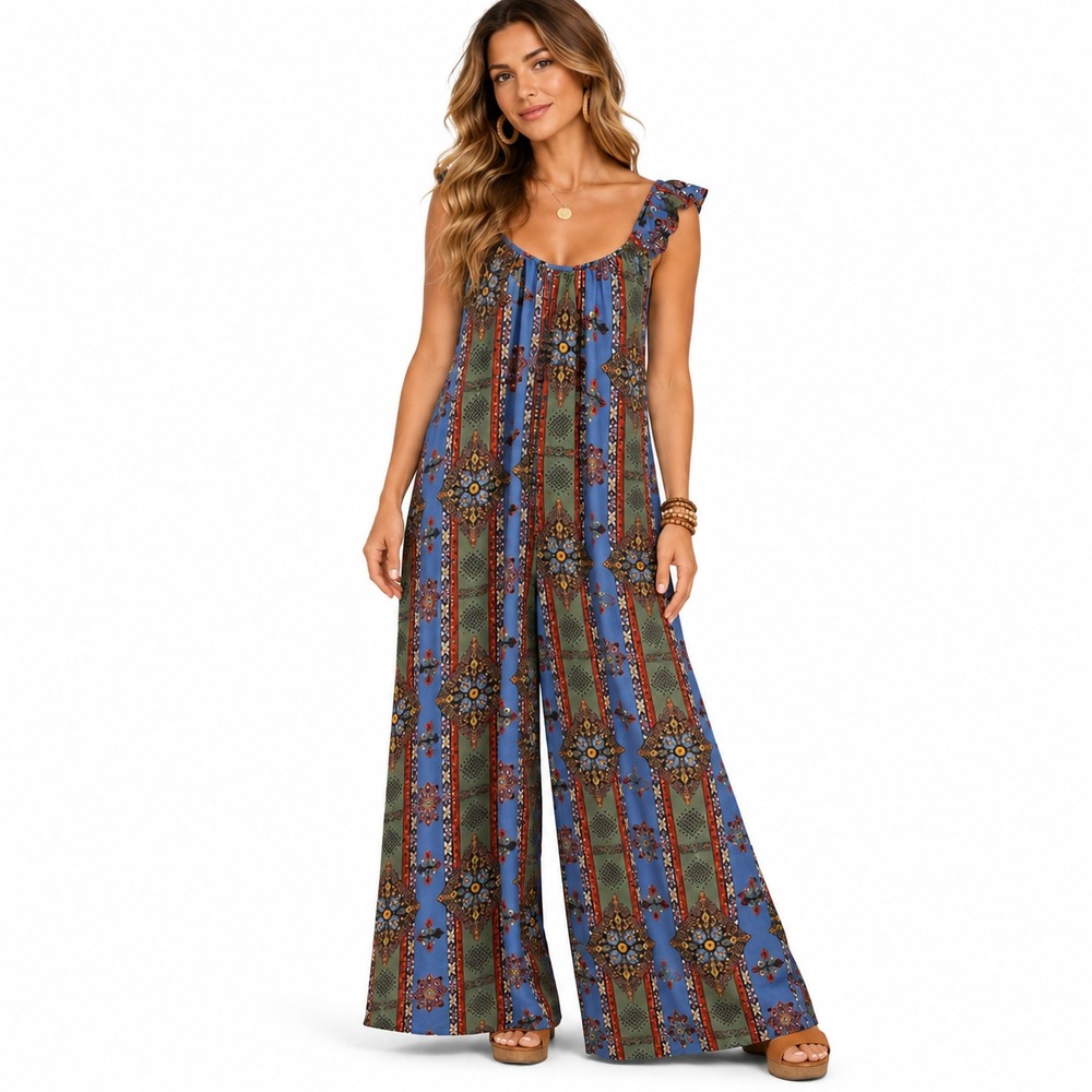 Three Bird Nest Wide Leg Jumpsuit Womens L Blue Medallion Boho Palazzo Romper